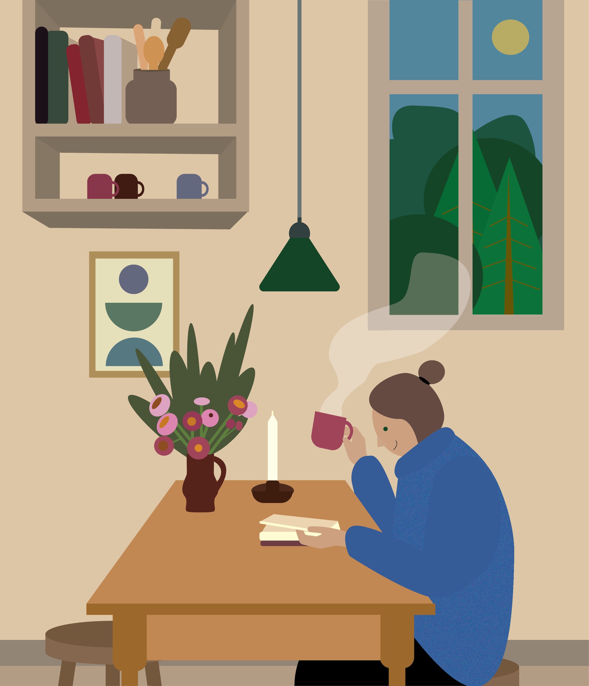 Illustration of a woman enjoying a quiet moment by the window.